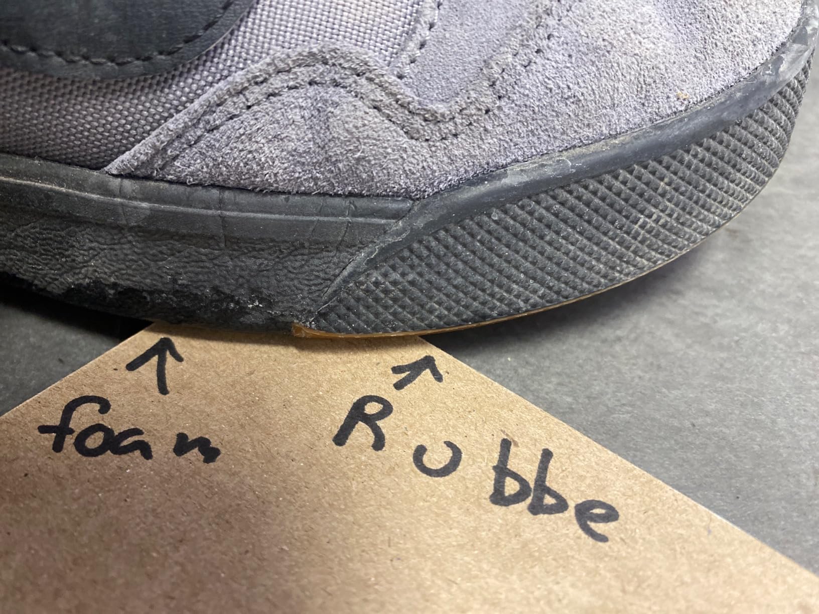Close-up of Vans Range EXP sole showing EVA foam midsole and reverse waffle rubber outsole construction