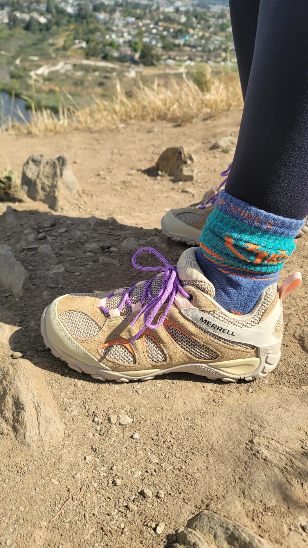 Merrell Women's Yokota 2 hiking shoe in Lichen Fuchsia colorway with suede upper and mesh ventilation panels