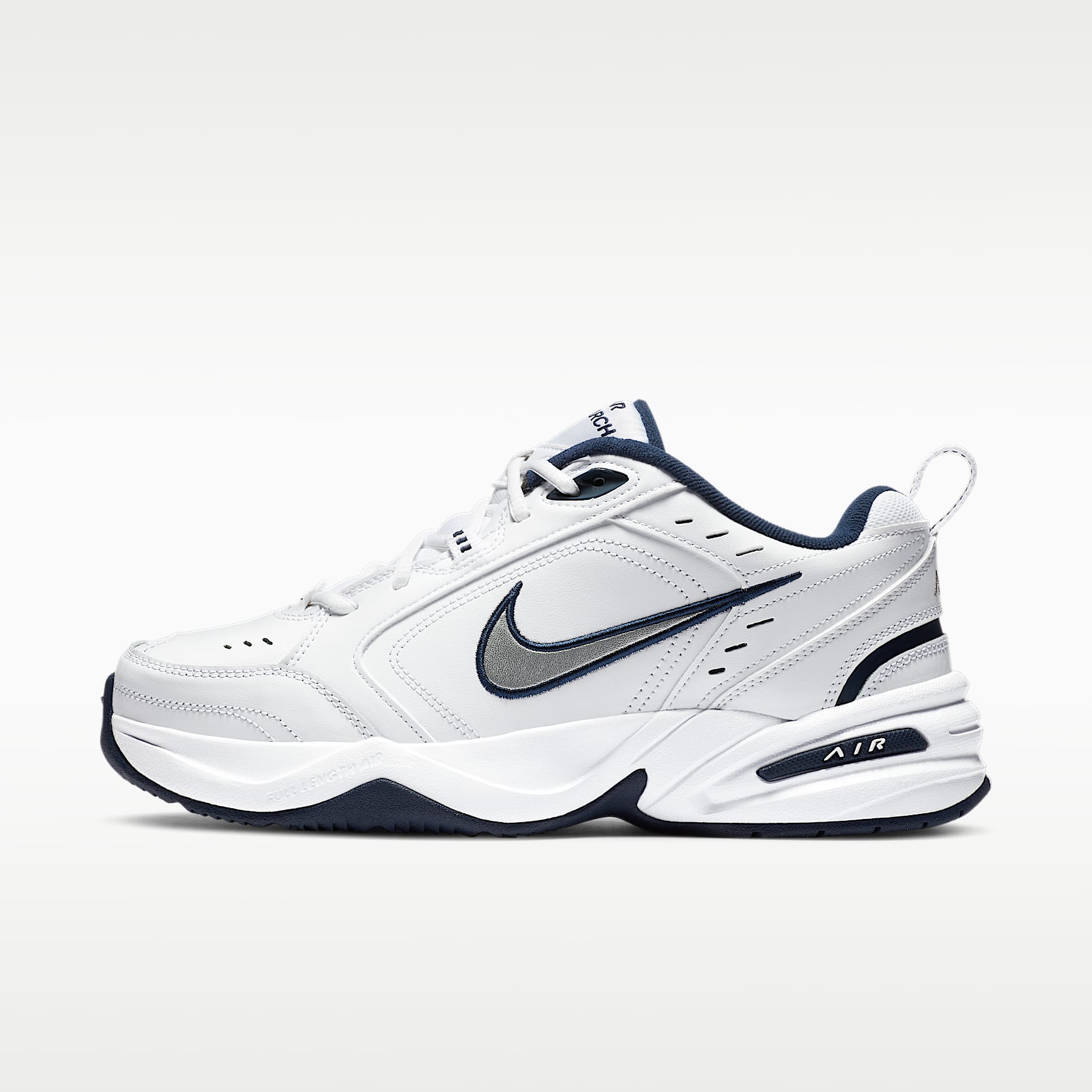 Nike Air Monarch IV side profile showing leather construction and rubber outsole detail