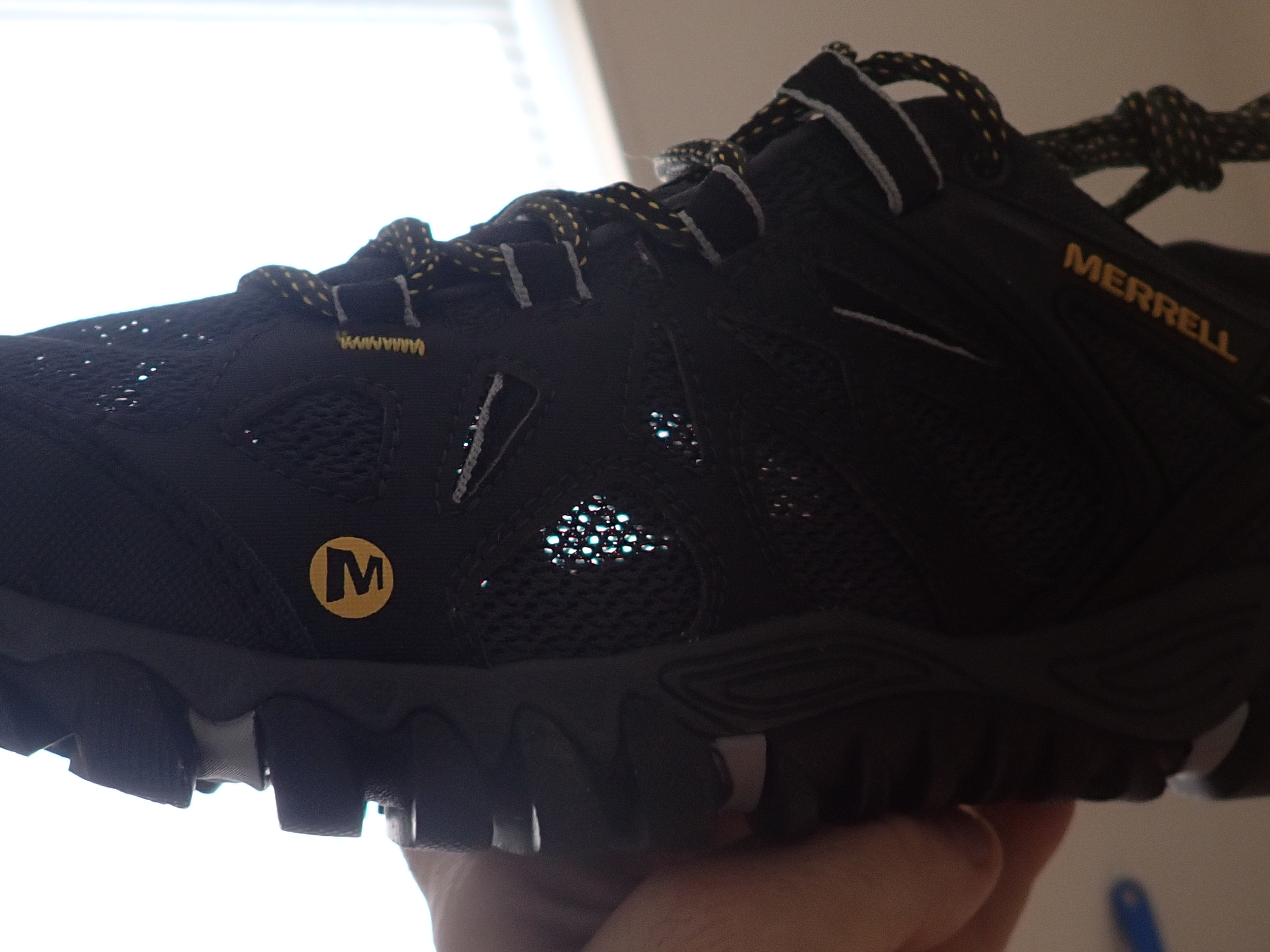 Close-up of Merrell All Out Blaze Aero Sport mesh upper showing breathable design and ventilation