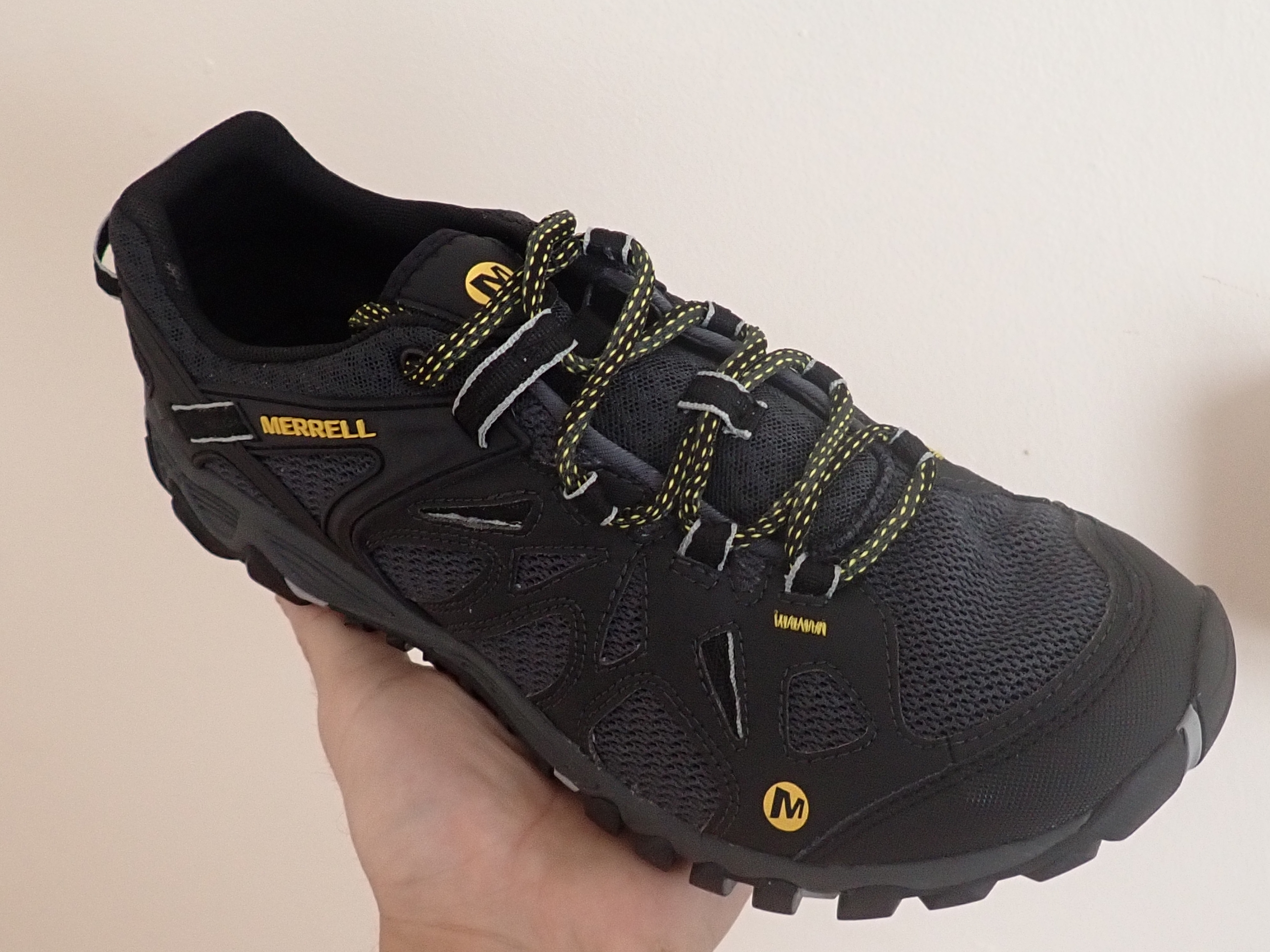 Merrell All Out Blaze Aero Sport submerged in creek water during water crossing test