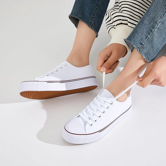 Fracora Womens White Black Canvas Sneakers Low Top