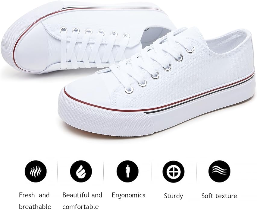 Fracora Womens White Black Canvas Sneakers Low Top