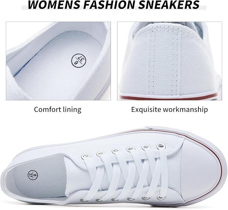 Fracora Womens White Black Canvas Sneakers Low Top