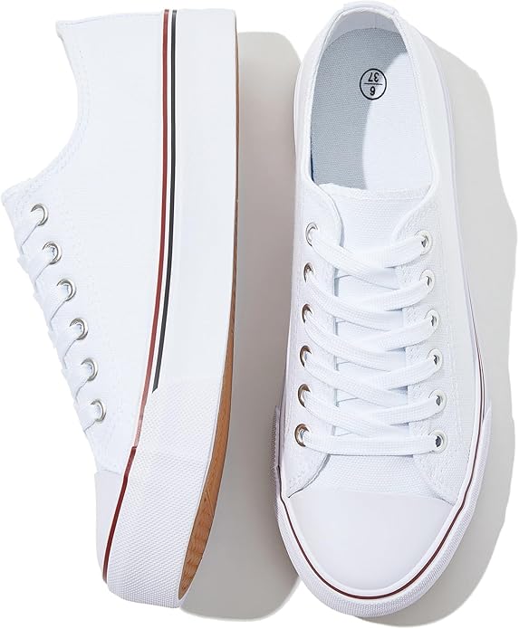 Fracora Womens White Black Canvas Sneakers Low Top