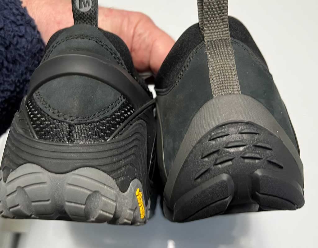 Side profile of Merrell Chameleon 8 Stretch showing waterproof nubuck leather upper construction and heel counter design