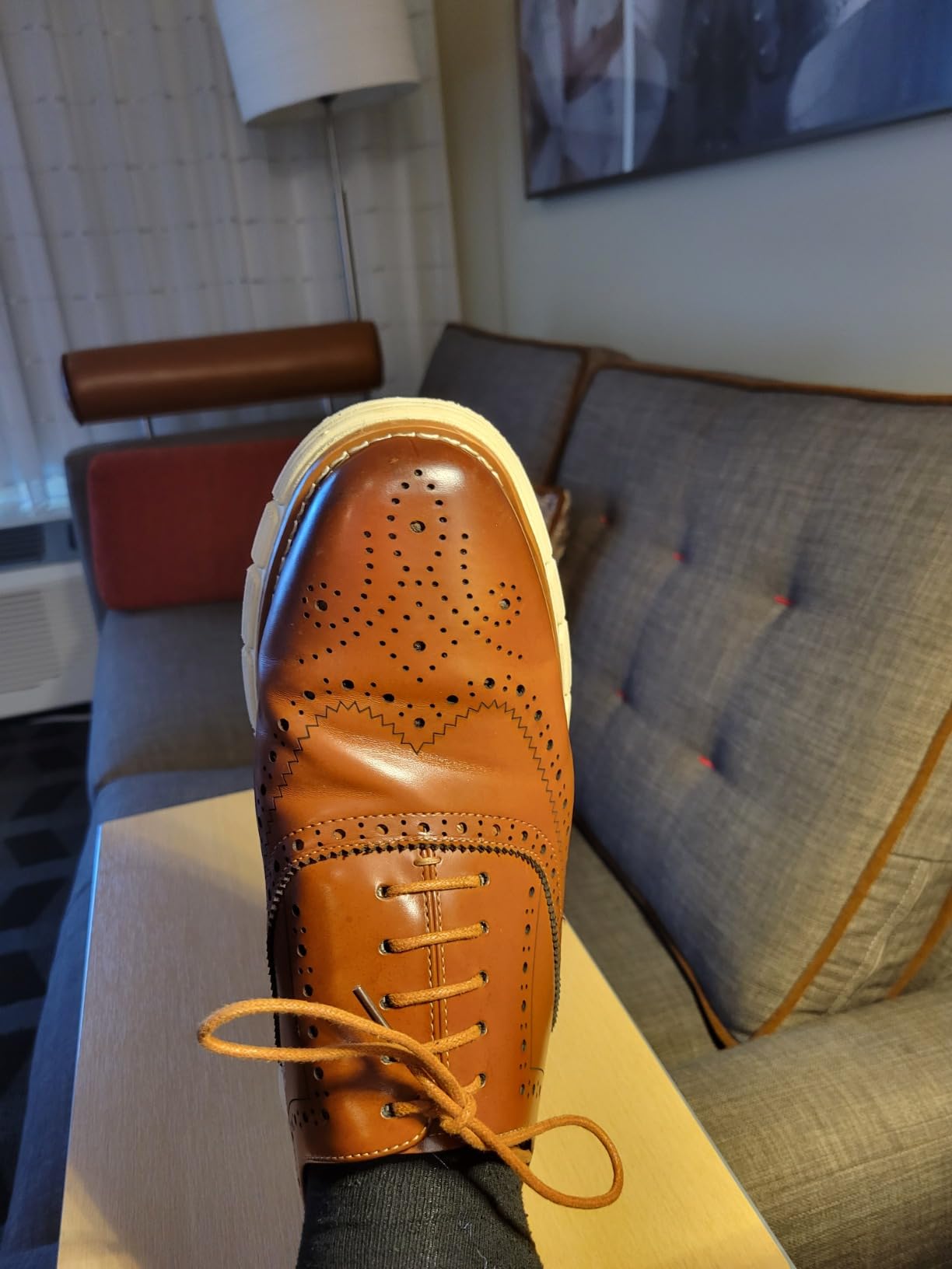 Close-up detail Bruno Marc Crossflex wingtip brogue pattern perforations stitching construction quality examination