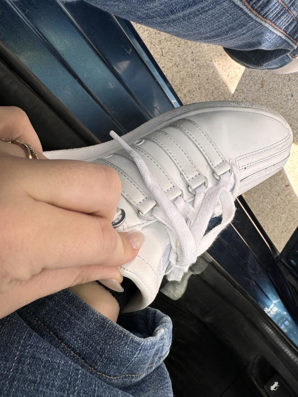 K-Swiss Women's Classic VN white leather sneaker front view showing classic tennis shoe silhouette with 5-stripe design