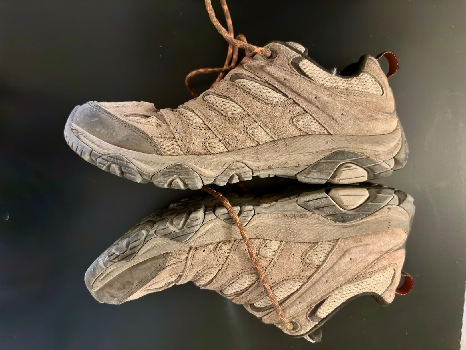Merrell Men's Moab 3 Waterproof in boulder colorway showing full shoe profile and Vibram TC5+ outsole