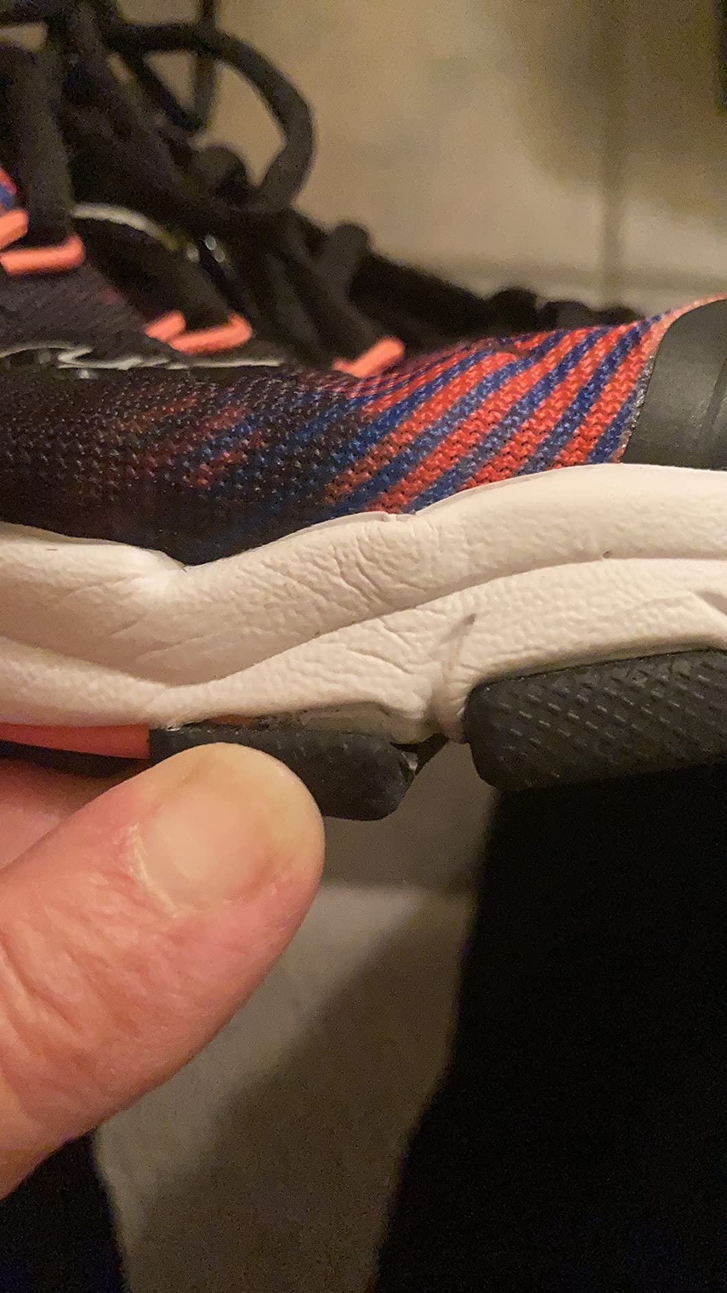 Example of sole separation in Ryka Vivid RZX showing adhesive failure at the midsole-upper bond point