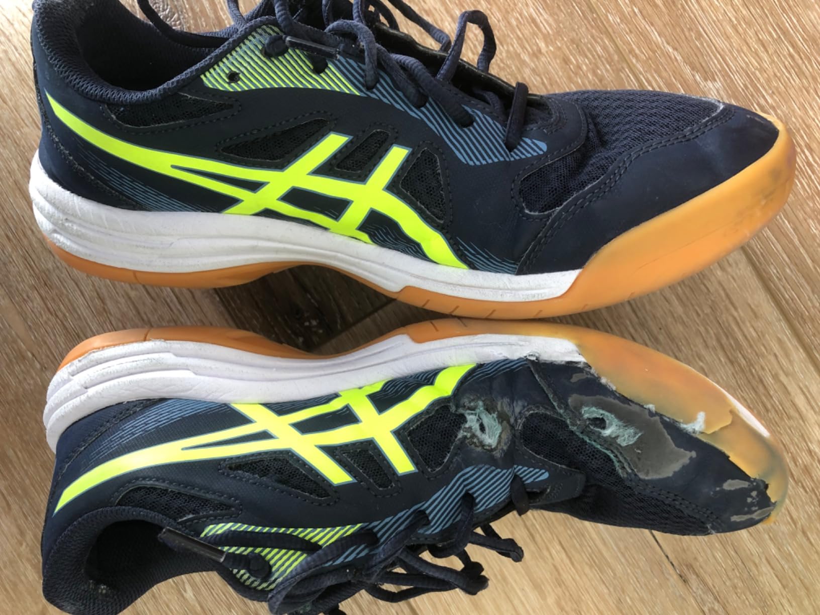 ASICS Men's Upcourt 5 volleyball shoes white safety yellow colorway showing overall design and mesh upper construction