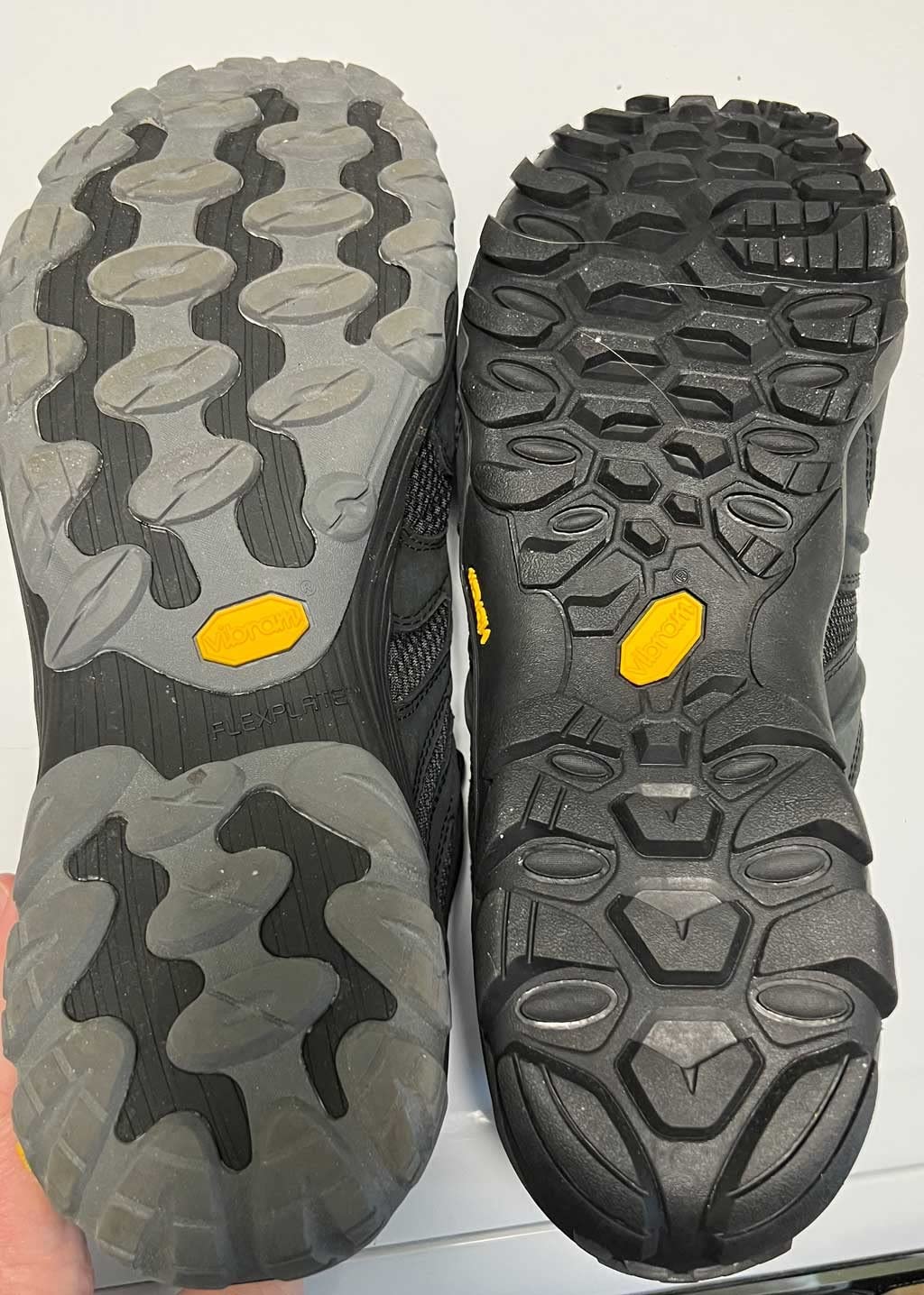 Merrell Chameleon 8 Stretch outsole showing Vibram XS Trek Evo tread pattern and 5mm lug depth for trail traction