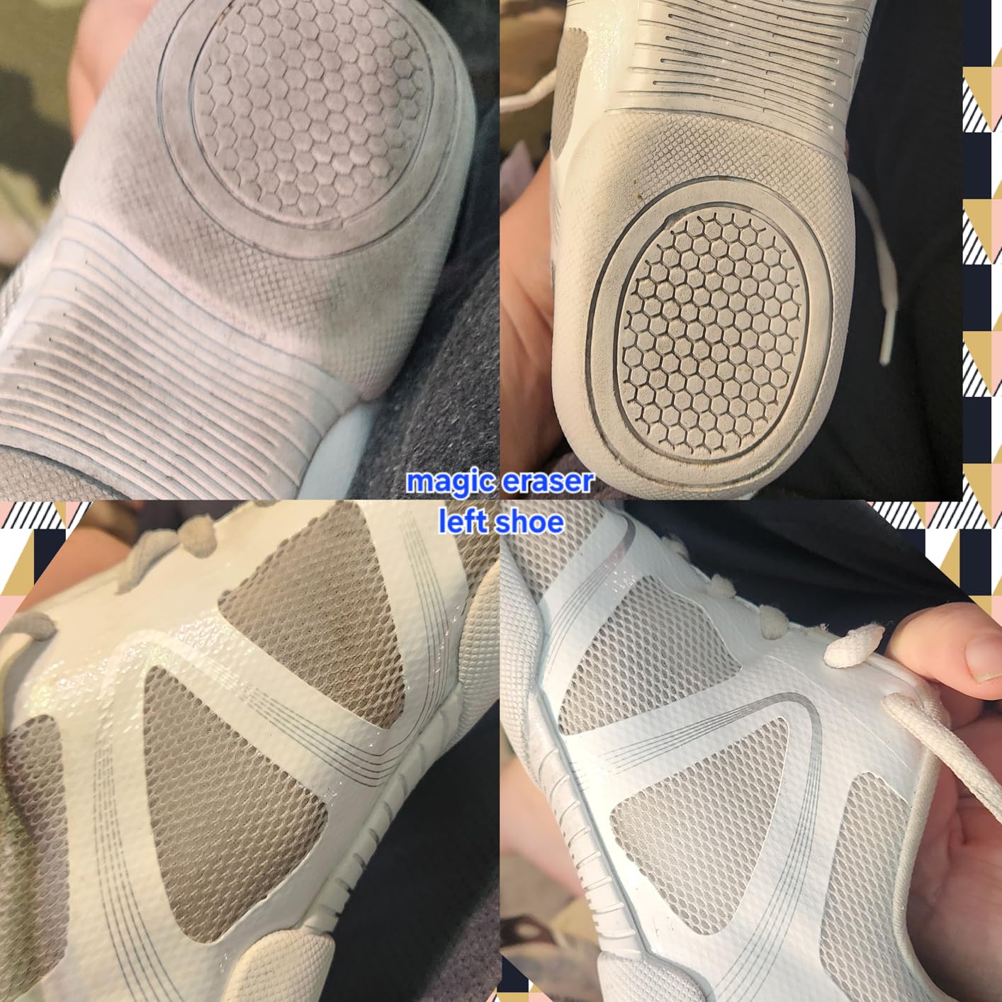 SneakERASERS sponge actively cleaning a white rubber sneaker sole, showing cleaning action