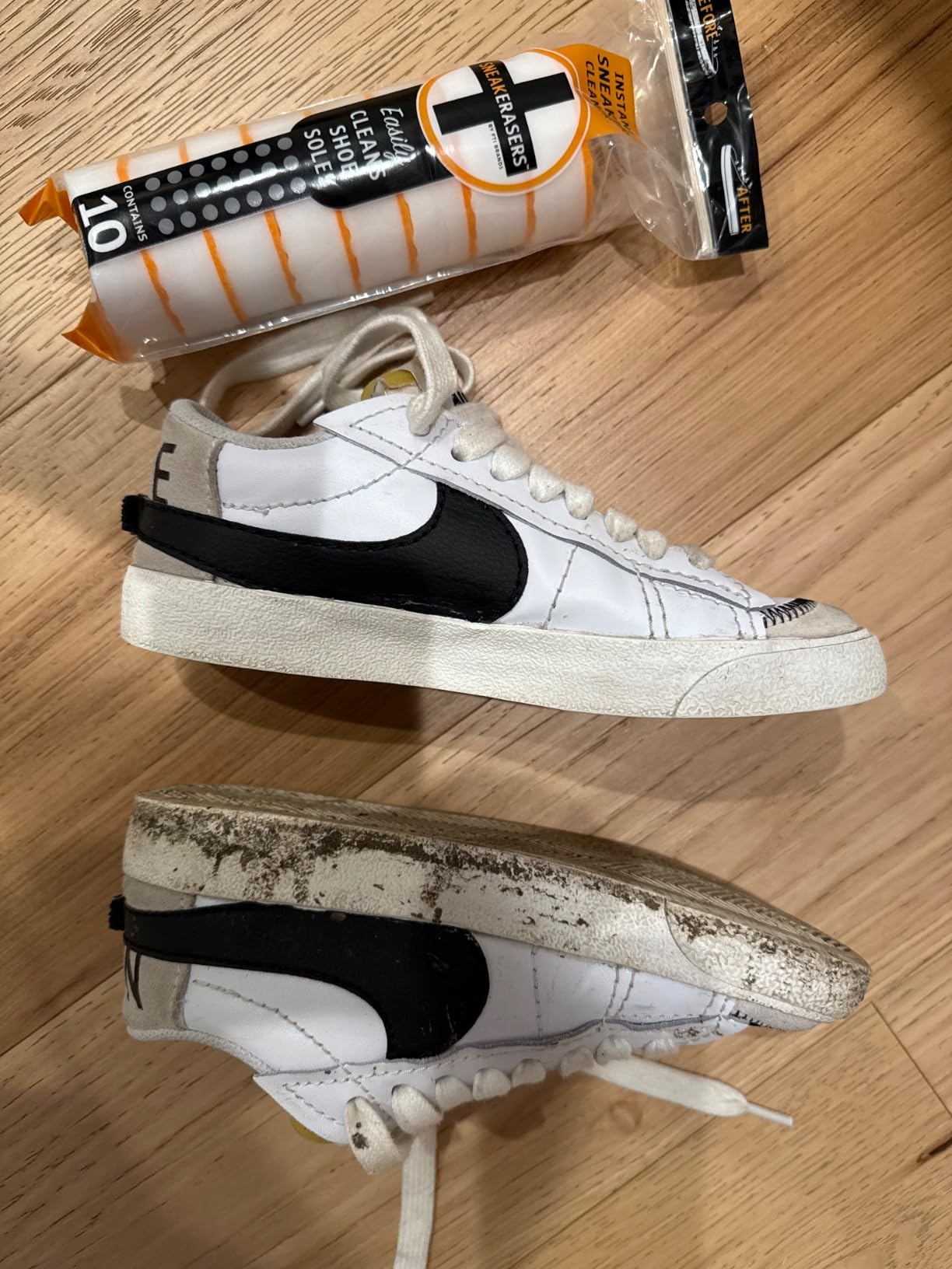 Customer results showing multiple pairs of sneakers after SneakERASERS treatment demonstrating cleaning effectiveness