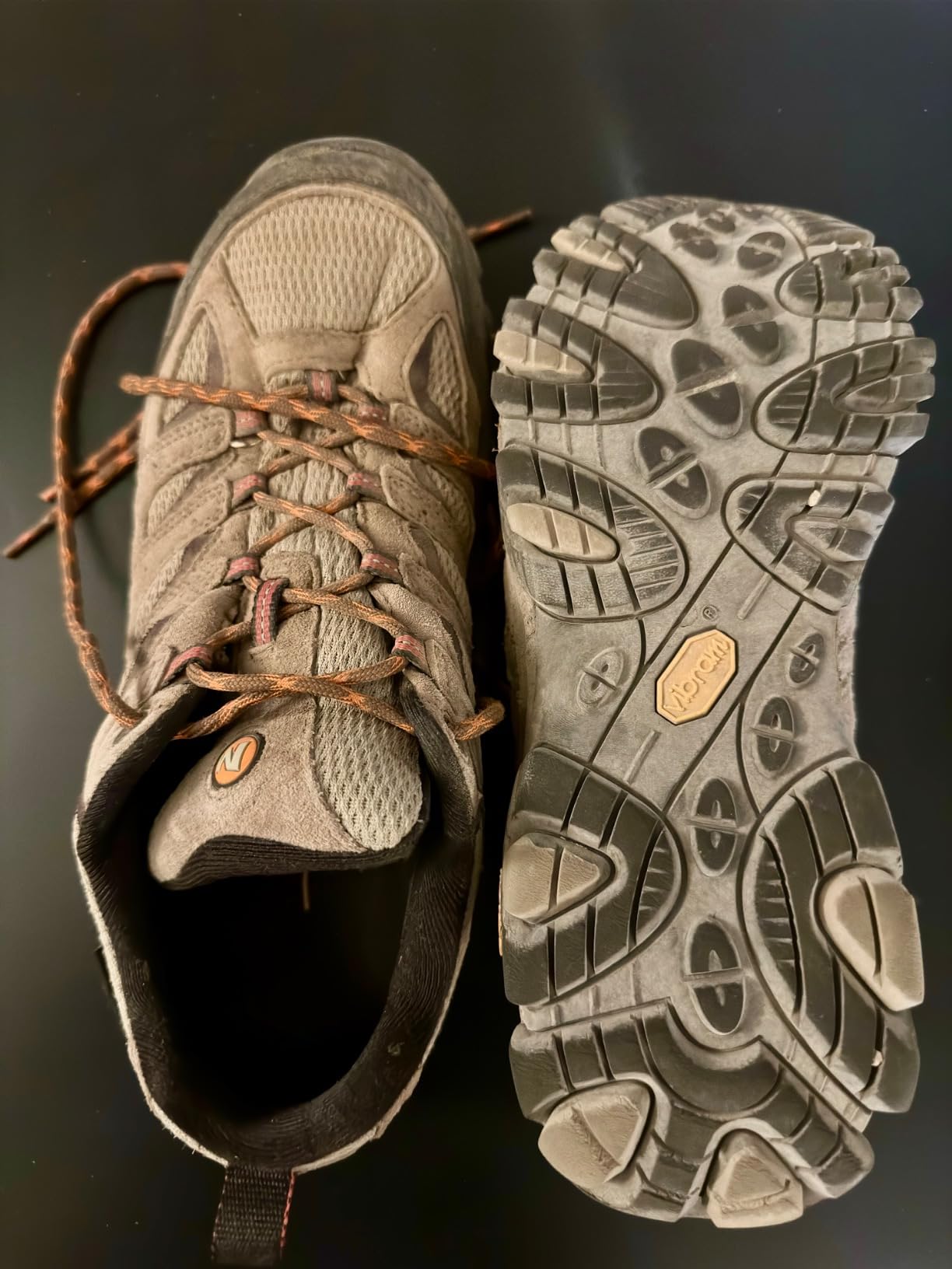 Close-up of Merrell Moab 3 upper construction showing suede leather and mesh materials with lacing system