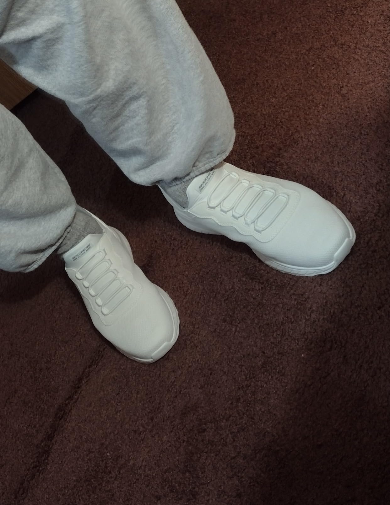 Skechers slip-ins shown during real-world walking after 42 days of wear demonstrating maintained shape