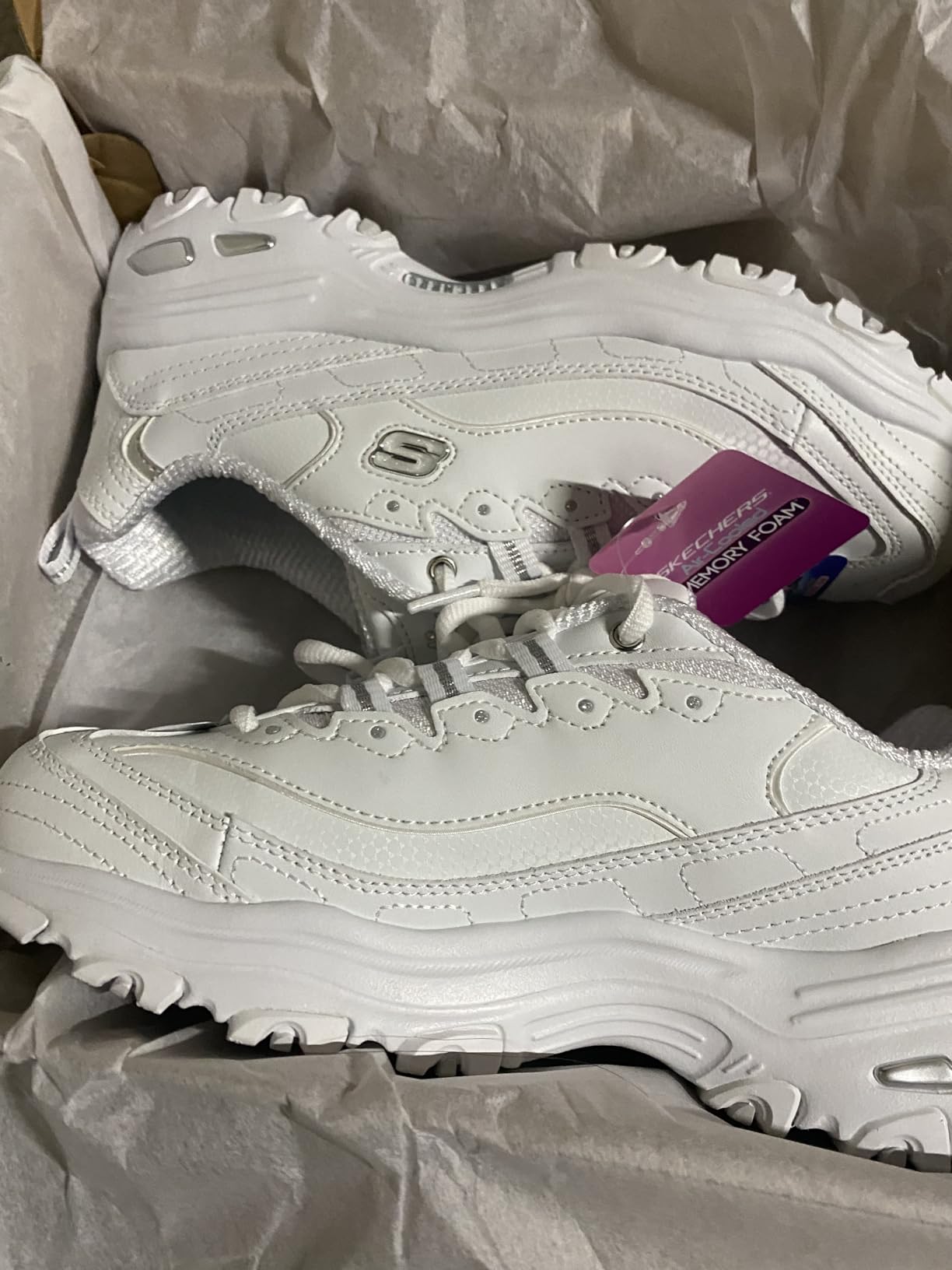Skechers Women's D'Lites Fresh Start white memory foam sneakers showing classic chunky dad shoe design