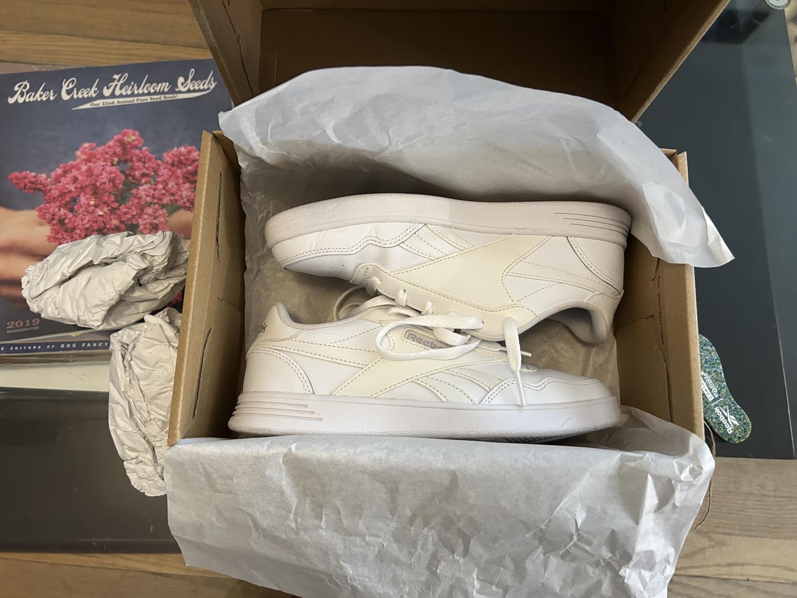 Reebok Court Advance after several weeks of regular wear showing natural leather aging and sole condition