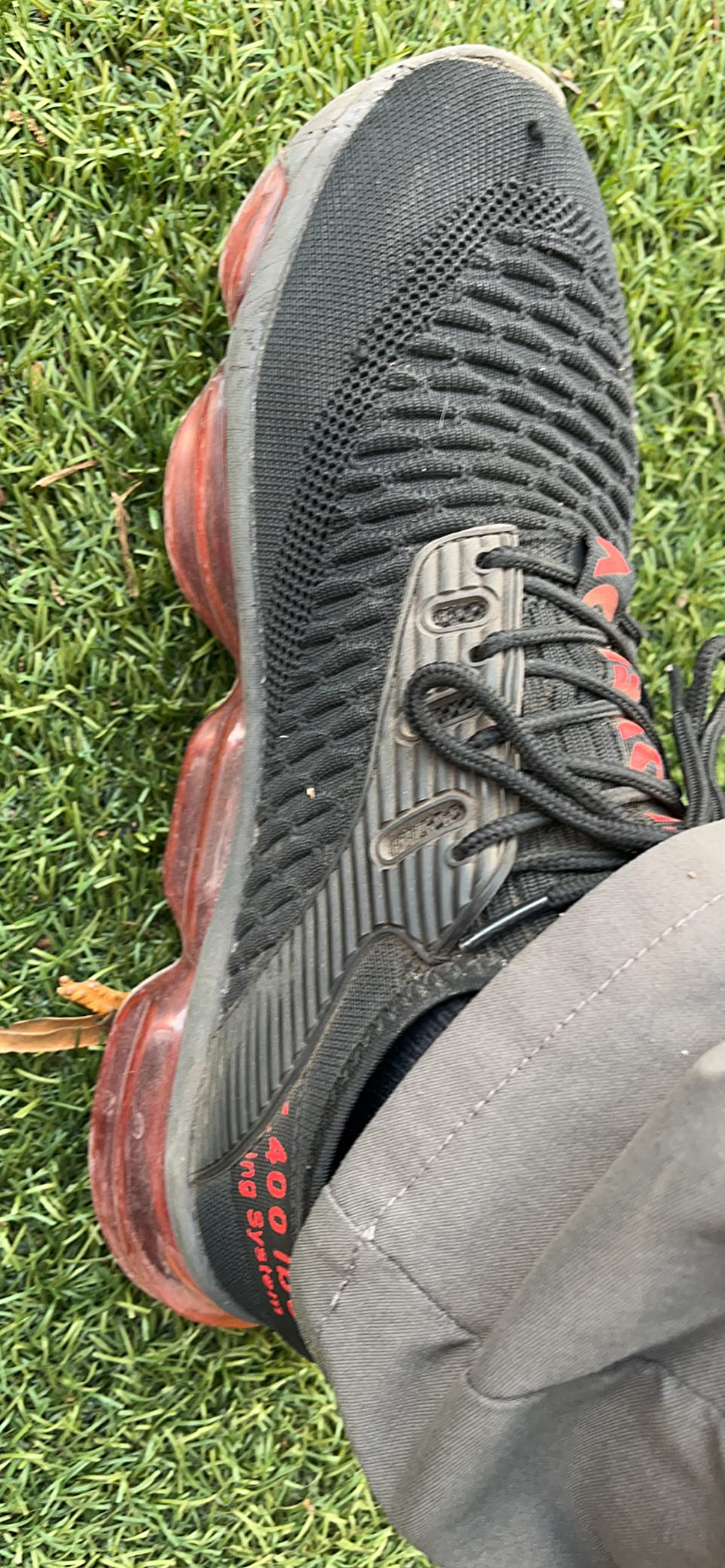 Close-up of sole wear pattern after 8 weeks showing degradation at high-stress points