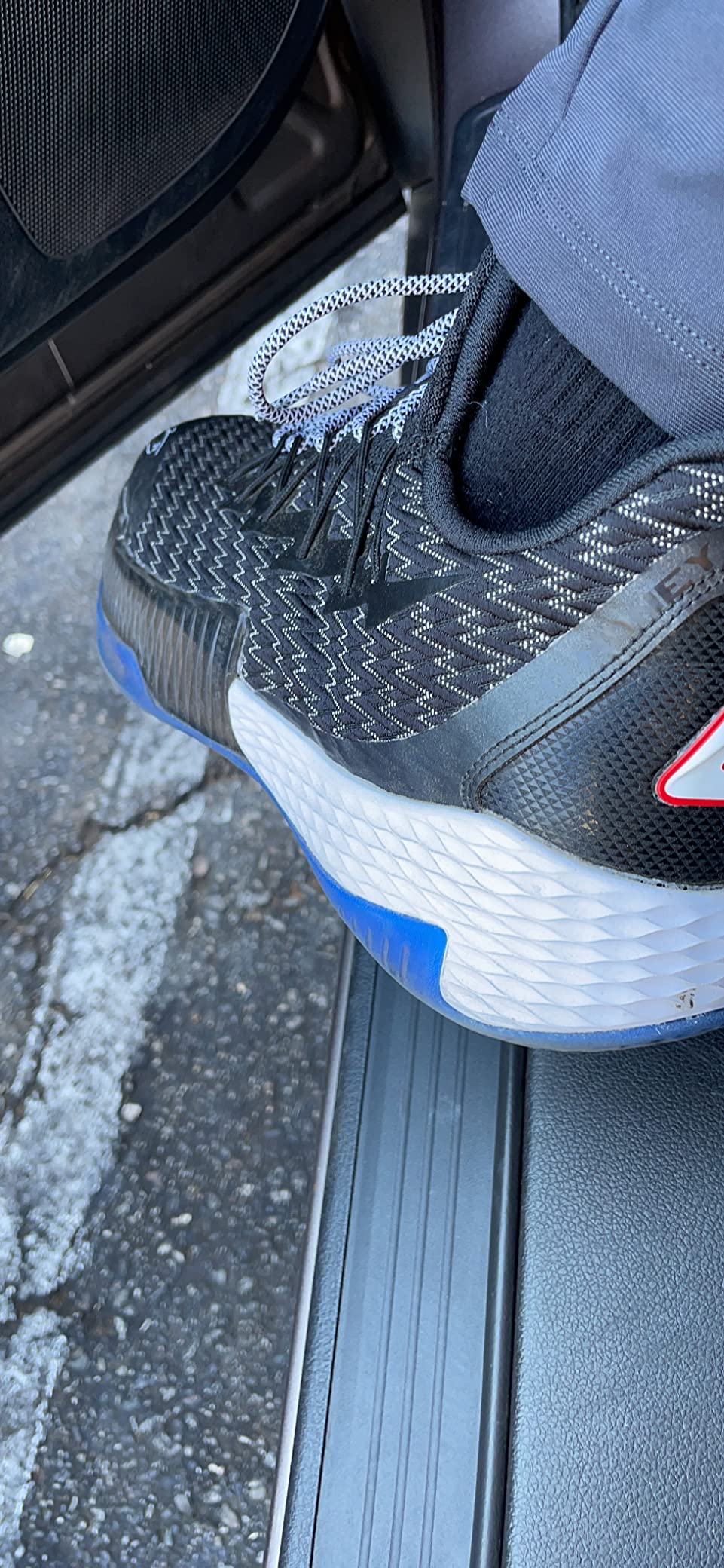 PEAK Lou Williams Lightning basketball shoes white and dark blue colorway on court