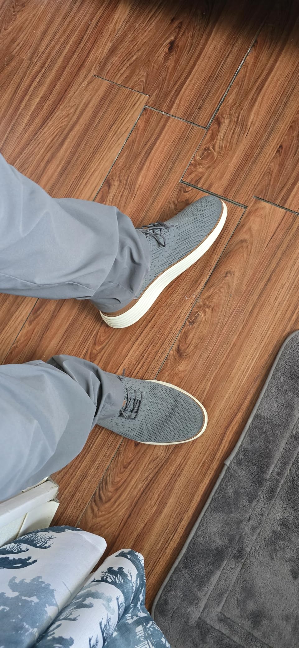 VILOCY Men's Casual Dress Sneakers in grey showing full knit mesh upper and leather heel accent