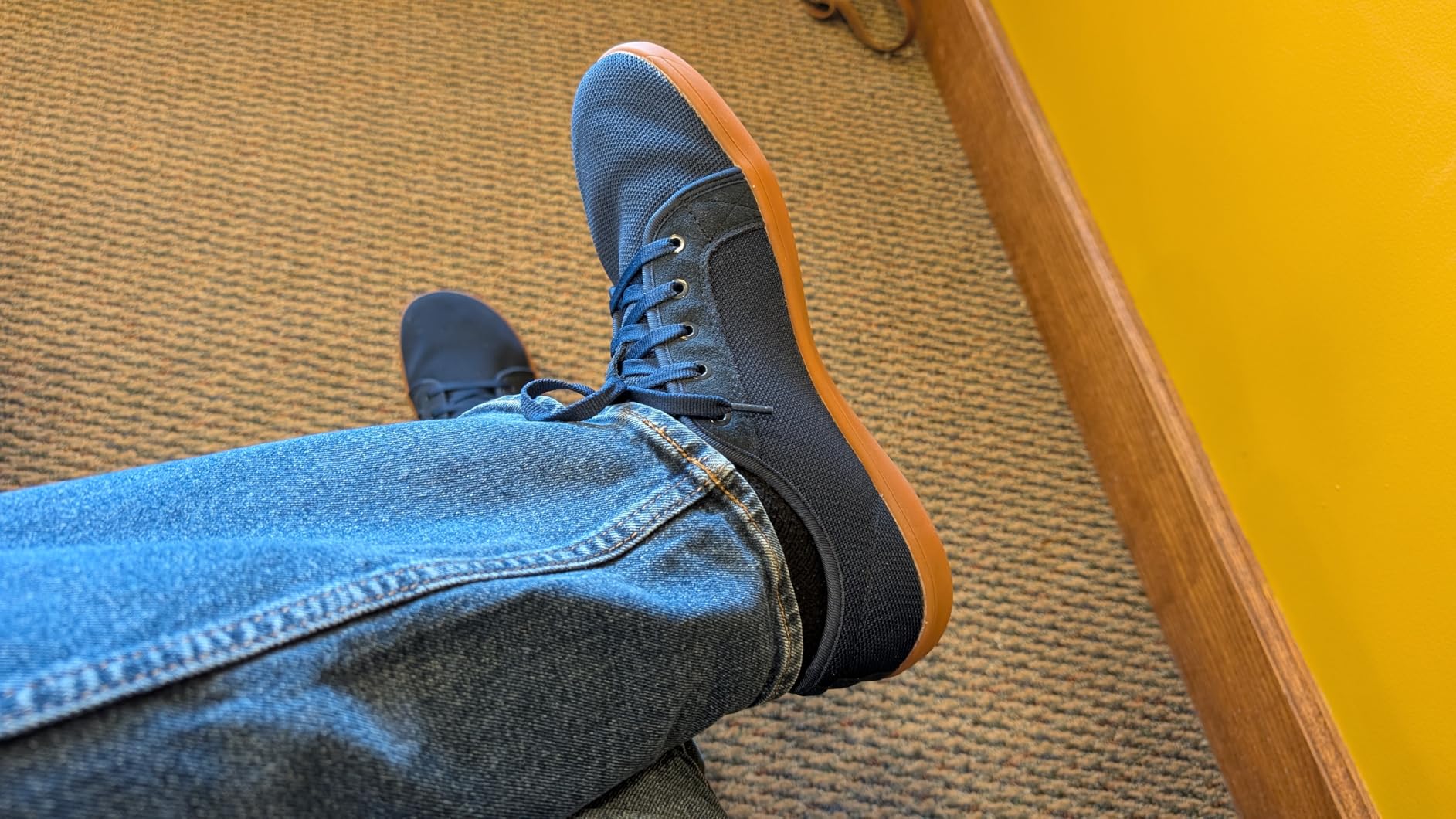 WHITIN Men's Wide Minimalist Barefoot Sneakers black gum colorway showing the genuinely wide toe box design