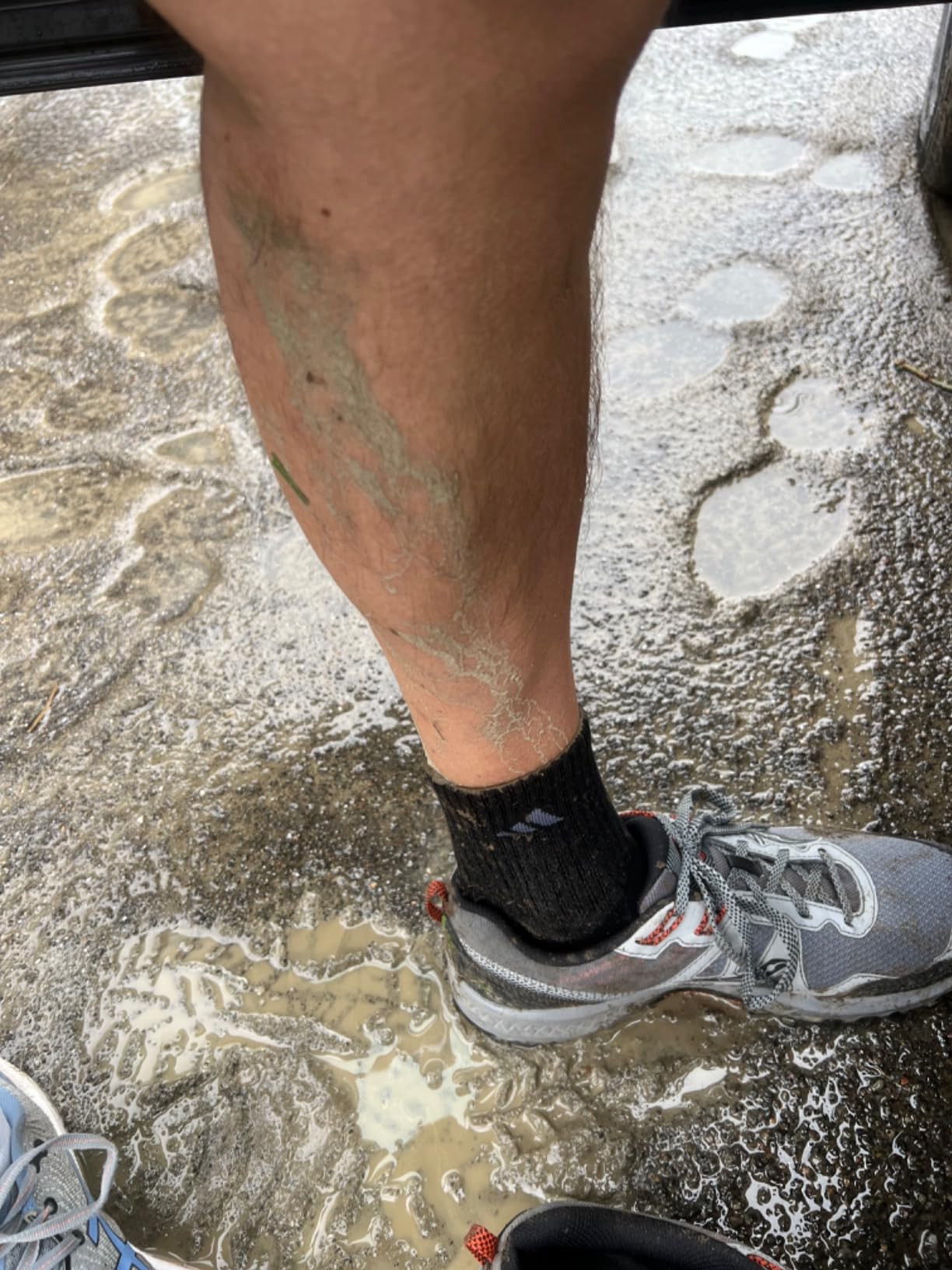 Saucony Excursion TR14 on wet leaves and muddy trail showing traction performance