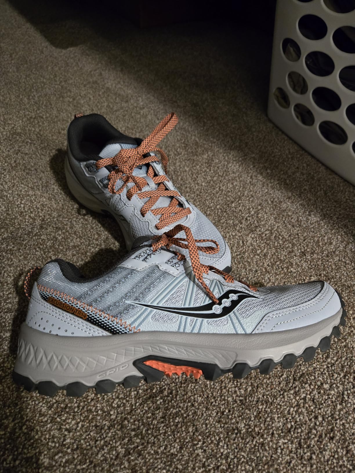Sky blue and coral colorway showing fit and overall aesthetic of Saucony TR14
